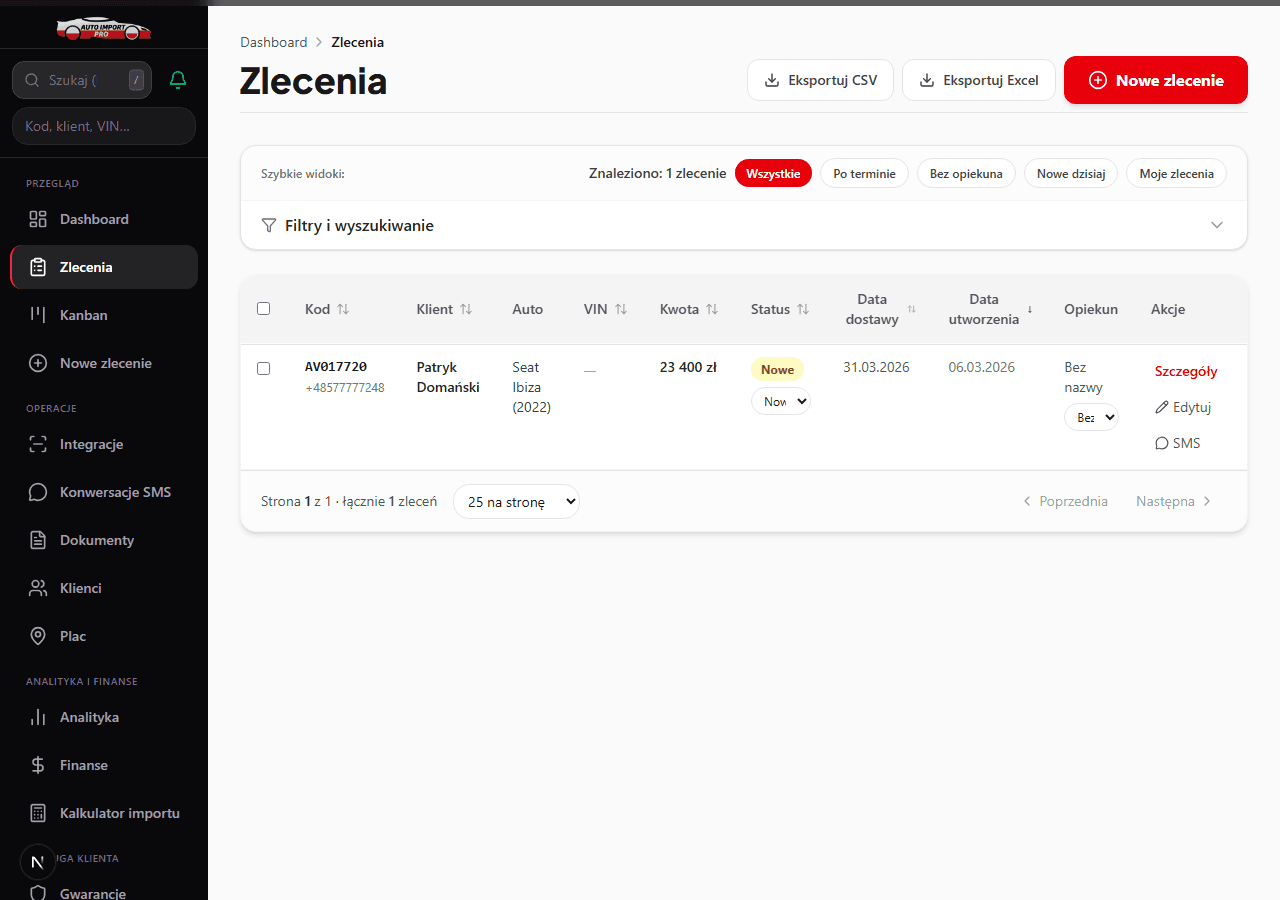 Lista zleceń Auto Import Pro
